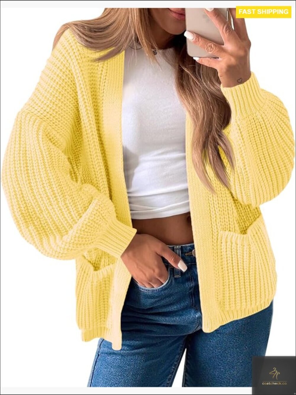 Oversized Chunky Ribbed Knit Cardigan Open Front Lantern Sleeve Sweater Coat